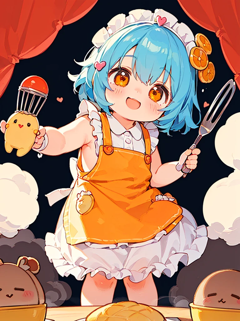 (Chibi:1.15),girl,blush,(swirly hair:1.35),(Fluffy short hair:1.2),(butter shaped hair ornament:1.3),(A big smile:1.35),(orange heart-like eyes:1.3),(smiling with open mouth:1.25),(A fantasy atmosphere with kitchen utensils such as ladles and frying pans flying around.:1.25),(A cute silhouette costume with an apron with lots of frills:1.3),(Naked apron style:1.25),(Cute pose with hand on side of face:1.3),(Burikko:1.3),(close up of face:1.35),(Brightness:1.35),(Gentle sunlight:1.25),(Freshly steamed potato butter:1.25),(steaming potatoes:1.3),(Cute stuffed animals and sweets are flying around:1.3),(Colorful and cute POP atmosphere:1.2),