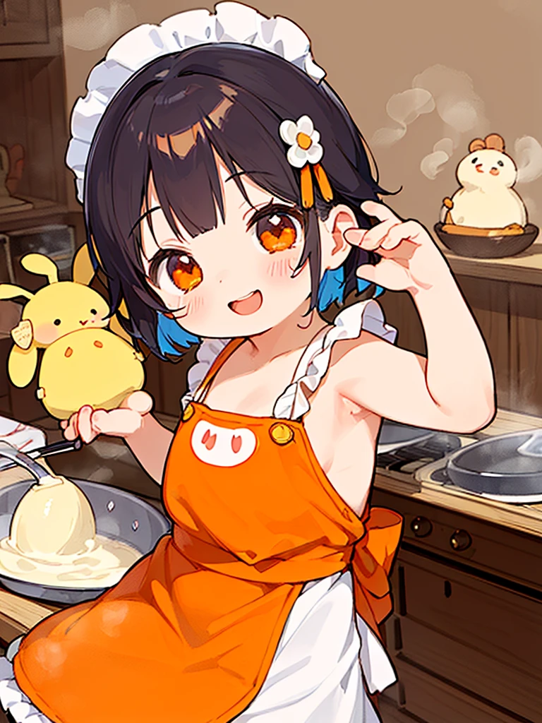 (Chibi:1.15),girl,blush,(swirly hair:1.35),(Fluffy short hair:1.2),(butter shaped hair ornament:1.3),(A big smile:1.35),(orange heart-like eyes:1.3),(smiling with open mouth:1.25),(A fantasy atmosphere with kitchen utensils such as ladles and frying pans flying around.:1.25),(A cute silhouette costume with an apron with lots of frills:1.3),(Naked apron style:1.25),(Cute pose with hand on side of face:1.3),(Burikko:1.3),(close up of face:1.35),(Brightness:1.35),(Gentle sunlight:1.25),(Freshly steamed potato butter:1.25),(steaming potatoes:1.3),(Cute stuffed animals and sweets are flying around:1.3),(Colorful and cute POP atmosphere:1.2),