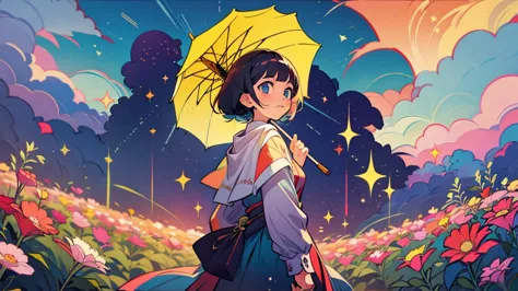 (highest quality, masterpiece), umbrellaをさして道を歩いている女の子,One Girl,Back view,Whimsical art, it&#39;s raining, whimsical fantasy lan...