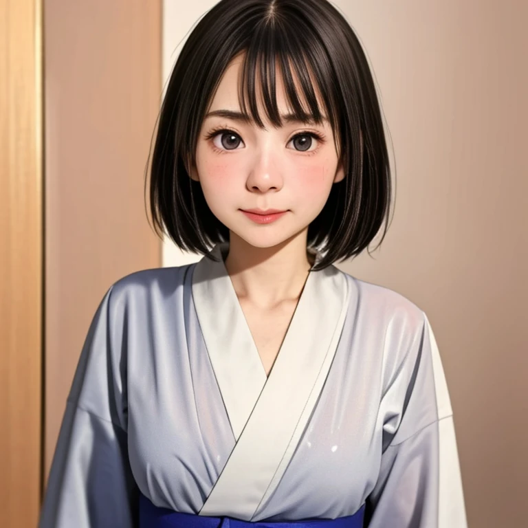 (kawaii 24 year-old Japanese girl, Nogizaka idol, Korean idol), glossy brown hair, (very short hair:1.2), beautiful black eyes, rounded face, narrow shoulders, single eyelid, (no makeup:1.2), (embarrassed, noseblush:1.3), (yukata, Japanese traditional clothes), extra small breasts, BREAK, (simple white background:1.2), (view from forward, bust shot, id photo:1.2), BREAK, (masterpiece, best quality, photo realistic, official art:1.4), (UHD, 8K quality wallpaper, high resolution, raw photo, golden ratio:1.3), (shiny skin), professional lighting, physically based rendering, award winning, (highly detailed skin texture, extremely detailed face and eyes textures), Carl Zeiss 85 mm F/1.4, depth of field, (1girl, solo),