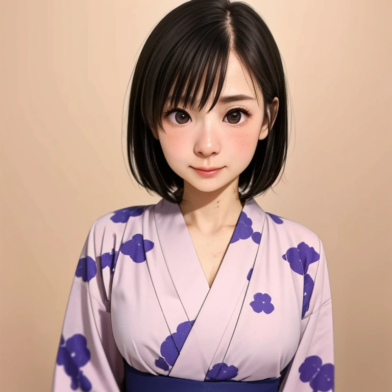 (kawaii 24 year-old Japanese girl, Nogizaka idol, Korean idol), glossy brown hair, (very short hair:1.2), beautiful black eyes, rounded face, narrow shoulders, single eyelid, (no makeup:1.2), (embarrassed, noseblush:1.3), (yukata, Japanese traditional clothes), extra small breasts, BREAK, (simple white background:1.2), (view from forward, bust shot, id photo:1.2), BREAK, (masterpiece, best quality, photo realistic, official art:1.4), (UHD, 8K quality wallpaper, high resolution, raw photo, golden ratio:1.3), (shiny skin), professional lighting, physically based rendering, award winning, (highly detailed skin texture, extremely detailed face and eyes textures), Carl Zeiss 85 mm F/1.4, depth of field, (1girl, solo),