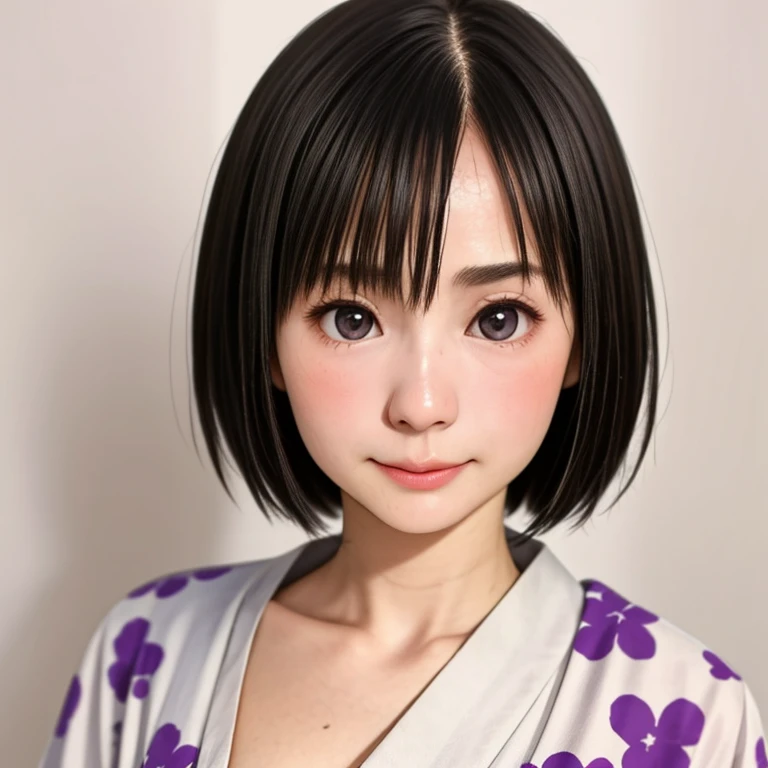 (kawaii 24 year-old Japanese girl, Nogizaka idol, Korean idol), glossy brown hair, (very short hair:1.2), beautiful black eyes, rounded face, narrow shoulders, single eyelid, (no makeup:1.2), (embarrassed, noseblush:1.3), (yukata, Japanese traditional clothes), extra small breasts, BREAK, (simple white background:1.2), (view from forward, bust shot, id photo:1.2), BREAK, (masterpiece, best quality, photo realistic, official art:1.4), (UHD, 8K quality wallpaper, high resolution, raw photo, golden ratio:1.3), (shiny skin), professional lighting, physically based rendering, award winning, (highly detailed skin texture, extremely detailed face and eyes textures), Carl Zeiss 85 mm F/1.4, depth of field, (1girl, solo),