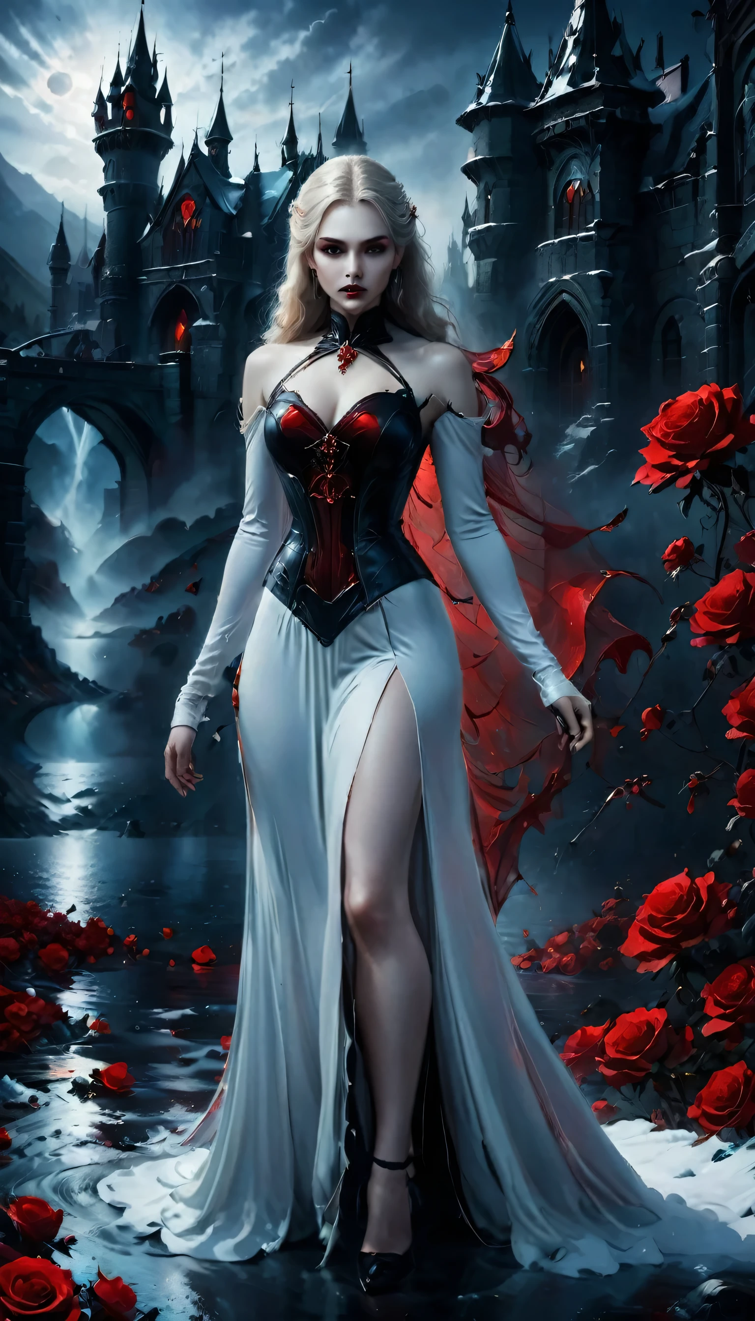 Dark fantasy art, fantasy art, goth art,  a picture of a female vampire, exquisite beauty, full body shot, dark glamour shot,  pale white skin, dark blond hair, long hair, wavy hair, (icy grey: 1.3) eyes,  she  wears a (red: 1.3) dress, ArmoredDress, entwined with (black: 1.3)  roses betmd, high heells, dark castle