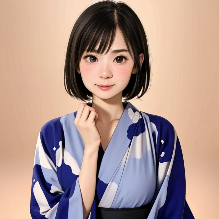 (kawaii 24 year-old Japanese girl, Nogizaka idol, Korean idol), glossy brown hair, (very short hair:1.2), beautiful black eyes, rounded face, narrow shoulders, single eyelid, (no makeup:1.2), (embarrassed, noseblush:1.3), (yukata, Japanese traditional clothes), extra small breasts, BREAK, (simple white background:1.2), (view from forward, bust shot, id photo:1.2), BREAK, (masterpiece, best quality, photo realistic, official art:1.4), (UHD, 8K quality wallpaper, high resolution, raw photo, golden ratio:1.3), (shiny skin), professional lighting, physically based rendering, award winning, (highly detailed skin texture, extremely detailed face and eyes textures), Carl Zeiss 85 mm F/1.4, depth of field, (1girl, solo),