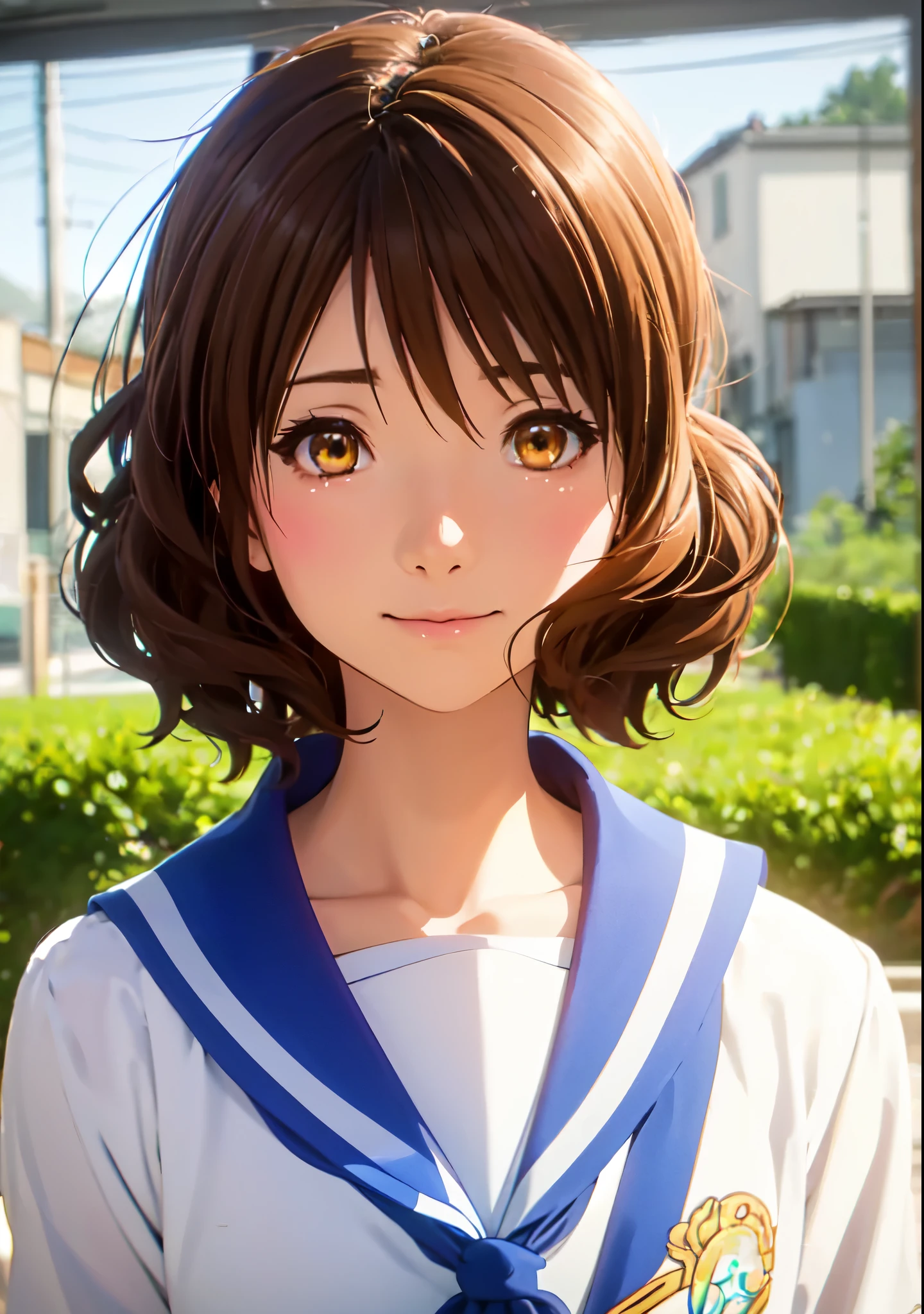 Kumiko Oumae, Kumiko Oumae, (Brown eyes:1.5), Brown Hair, short hair, Wavy Hair, Hot face, blush, Sailor suit, , high school girl, smile, very cute and beautiful girl,Teen,(Very detailedな美しい顔),

(highest quality,masterpiece),Absurd,High resolution,Super detailed,Very detailed,32k,8K resolution,