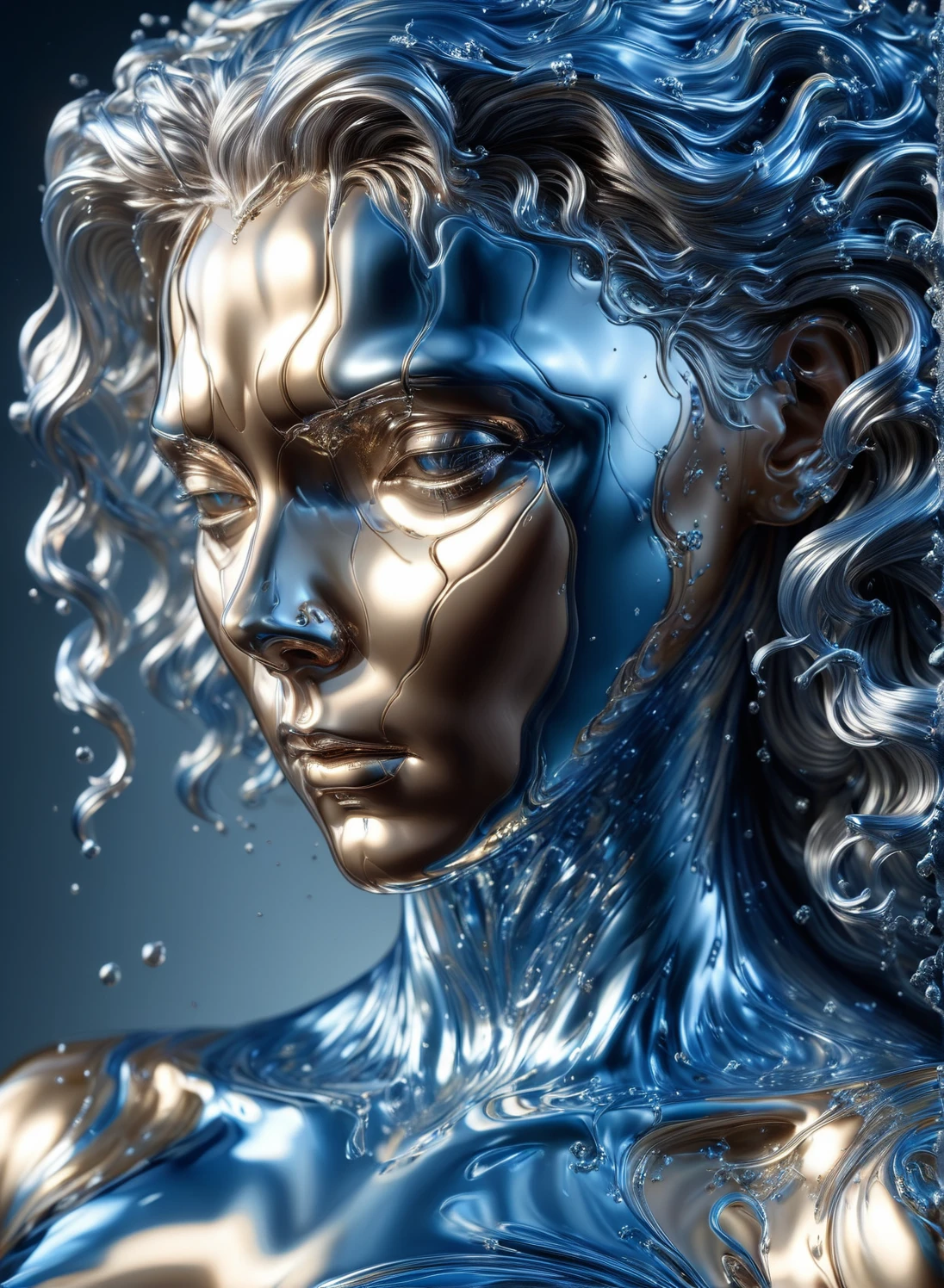 Elsa aus blauem und silbernem Liquid Metal, Zauber wirken ,RAL-Chrom, Photorealistisch, Hyperrealistisch, hyperdetailliert, analoger Stil, detaillierte Haut, matte Haut, sanfte Beleuchtung, Untergrundstreuung, realistisch, Starker Schatten, Meisterwerk, beste Qualität, ultra realistisch, 8k, Goldener Schnitt, kompliziert, Hohe Detailliertheit, Filmfotografie, Weicher Fokus