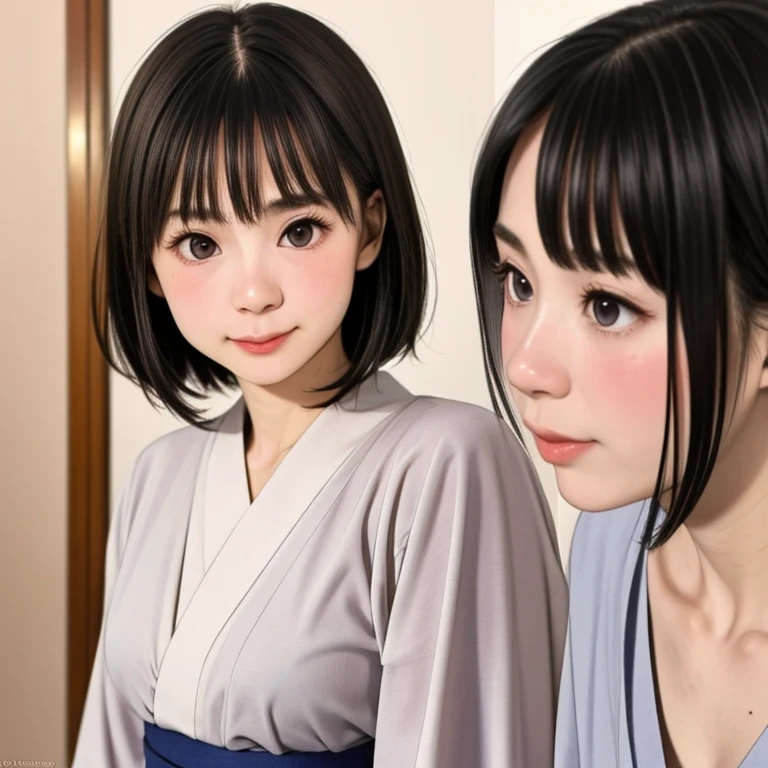 (kawaii 24 year-old Japanese girl, Nogizaka idol, Korean idol), glossy brown hair, (very short hair:1.2), beautiful black eyes, rounded face, narrow shoulders, single eyelid, (no makeup:1.2), (embarrassed, noseblush:1.3), (yukata, Japanese traditional clothes), extra small breasts, BREAK, (simple white background:1.2), (view from forward, bust shot, id photo:1.2), BREAK, (masterpiece, best quality, photo realistic, official art:1.4), (UHD, 8K quality wallpaper, high resolution, raw photo, golden ratio:1.3), (shiny skin), professional lighting, physically based rendering, award winning, (highly detailed skin texture, extremely detailed face and eyes textures), Carl Zeiss 85 mm F/1.4, depth of field, (1girl, solo),