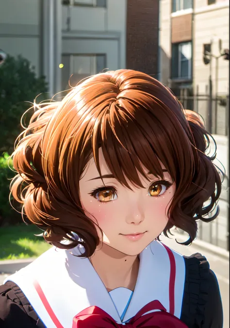 kumiko oumae, kumiko oumae, (brown eyes:1.5), brown hair, short hair, wavy hair, hot face, blush, sailor suit, , high school gir...