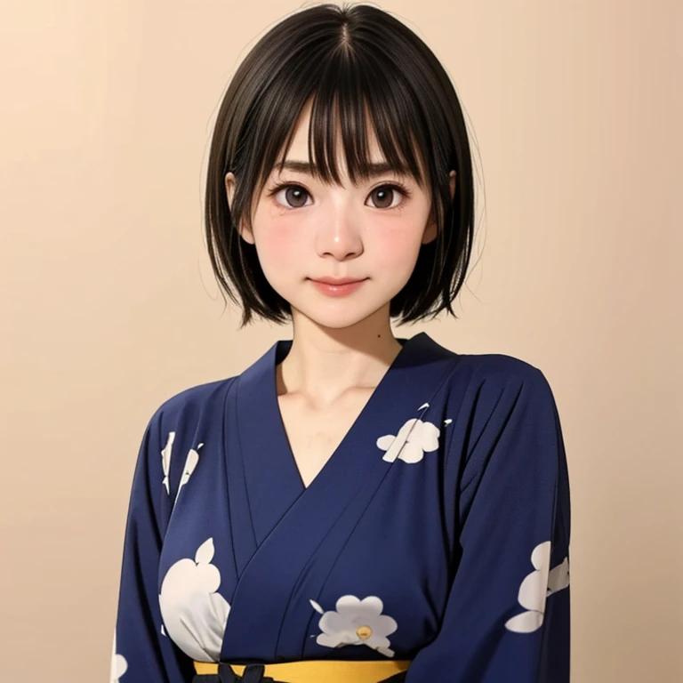 (kawaii 24 year-old Japanese girl, Nogizaka idol, Korean idol), glossy brown hair, (very short hair:1.2), beautiful black eyes, rounded face, narrow shoulders, single eyelid, (no makeup:1.2), (embarrassed, noseblush:1.3), (yukata, Japanese traditional clothes), extra small breasts, BREAK, (simple white background:1.2), (view from forward, bust shot, id photo:1.2), BREAK, (masterpiece, best quality, photo realistic, official art:1.4), (UHD, 8K quality wallpaper, high resolution, raw photo, golden ratio:1.3), (shiny skin), professional lighting, physically based rendering, award winning, (highly detailed skin texture, extremely detailed face and eyes textures), Carl Zeiss 85 mm F/1.4, depth of field, (1girl, solo),