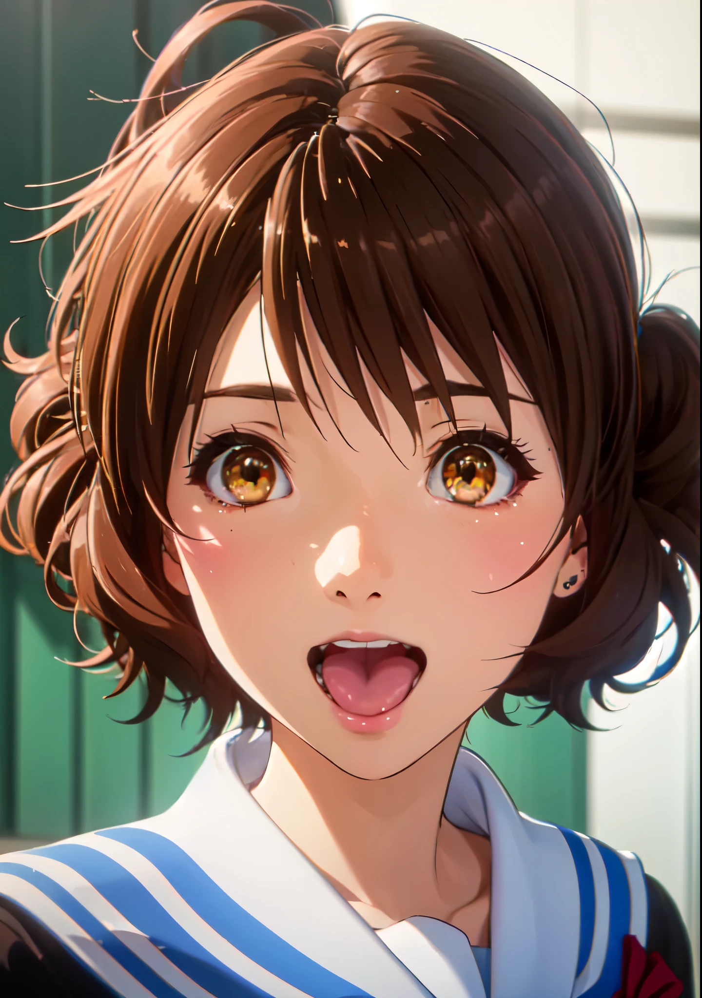 Kumiko Oumae, Kumiko Oumae, (Brown eyes:1.5), Brown Hair, short hair, Wavy Hair, Hot face, blush, Sailor suit, , high school girl, Red ribbon, ((Open your mouth)), smile, very cute and beautiful girl,Teen,(Very detailedな美しい顔),

(highest quality,masterpiece),Absurd,High resolution,Super detailed,Very detailed,32k,8K resolution,