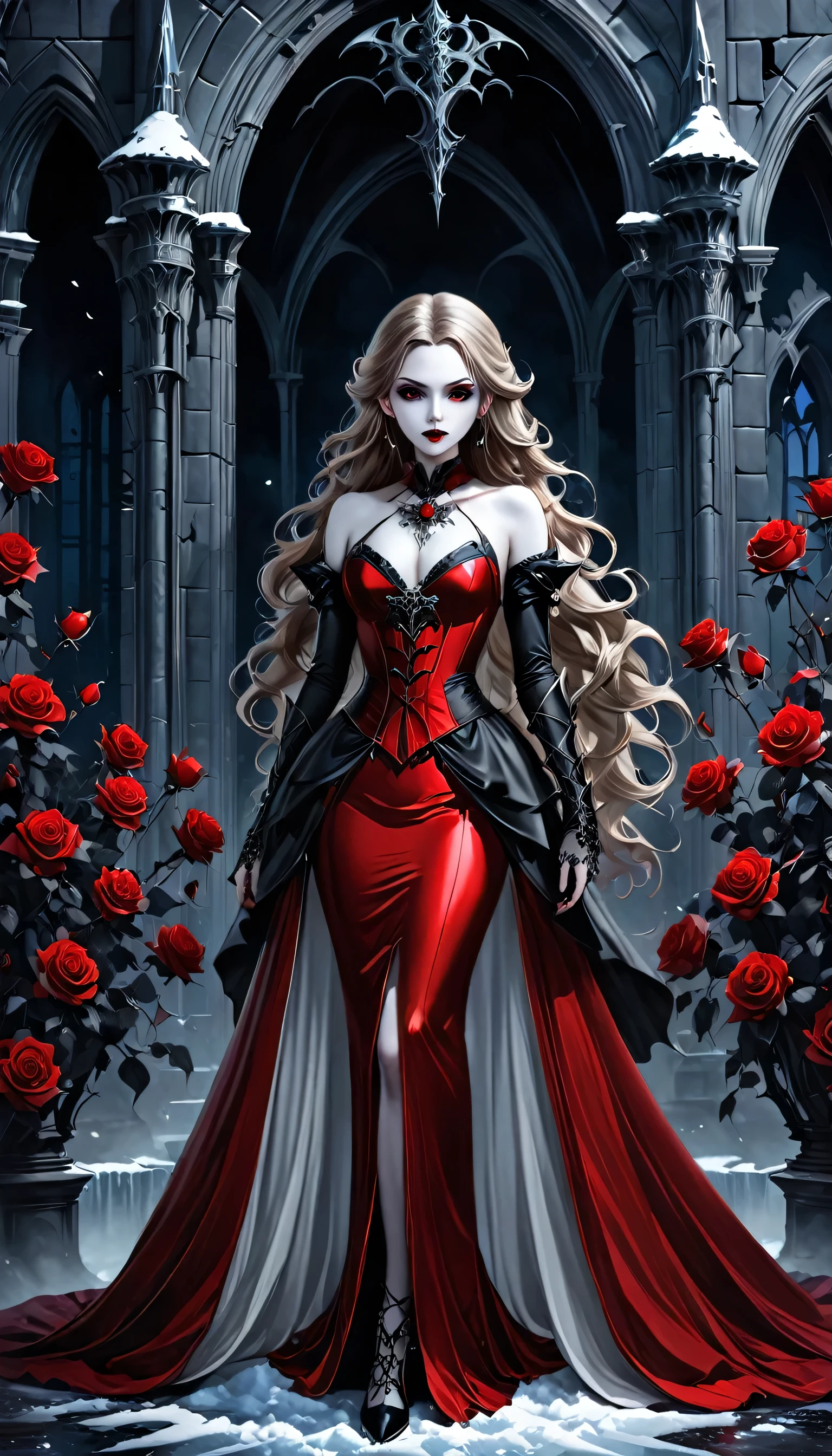 Dark fantasy art, fantasy art, goth art,  a picture of a female vampire, exquisite beauty, full body shot, dark glamour shot,  pale white skin, dark blond hair, long hair, wavy hair, (icy grey: 1.3) eyes,  she  wears a (red: 1.3) dress, ArmoredDress, entwined with (black: 1.3)  roses betmd, high heells, dark castle