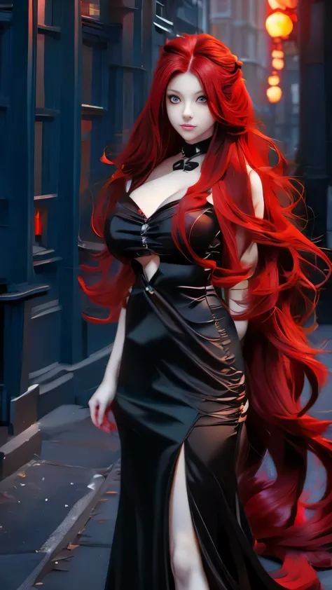 a woman with long red hair walking in the dark, zero two, red glowing hair, anime girl with long hair, long fire hair, with long...