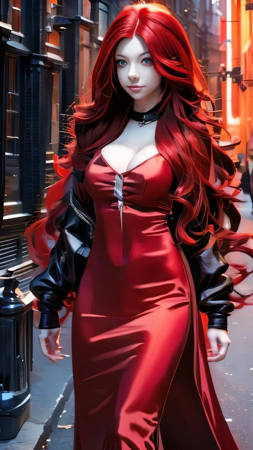 a woman with long red hair walking in the dark, zero two, red glowing hair, anime girl with long hair, long fire hair, with long red hair, with red glowing eyes, glowing red, gothic maiden anime girl, beautiful anime artwork, demon anime girl, anime cyberpunk art, anime girl with cosmic hair, beautiful anime art, red aura, red colored