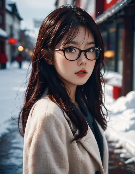 cinematic photo (art by Mathias Goeritz:1.2) , photograph, A beautiful asian girl, naked, nerd accountant, eyeglasses, wind tous...