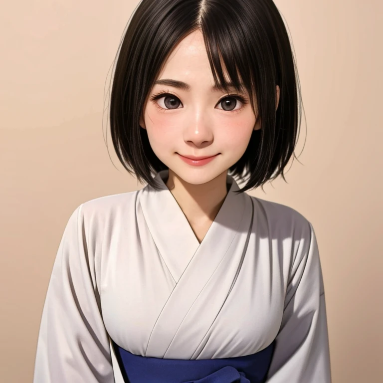 (kawaii 24 year-old Japanese girl, Nogizaka idol, Korean idol), glossy brown hair, (very short hair:1.2), beautiful black eyes, rounded face, narrow shoulders, single eyelid, (no makeup:1.2), (shy, smile, noseblush:1.3), (yukata, Japanese traditional clothes), extra small breasts, BREAK, (simple white background:1.2), (view from forward, bust shot, id photo:1.2), BREAK, (masterpiece, best quality, photo realistic, official art:1.4), (UHD, 8K quality wallpaper, high resolution, raw photo, golden ratio:1.3), (shiny skin), professional lighting, physically based rendering, award winning, (highly detailed skin texture, extremely detailed face and eyes textures), Carl Zeiss 85 mm F/1.4, depth of field, (1girl, solo),