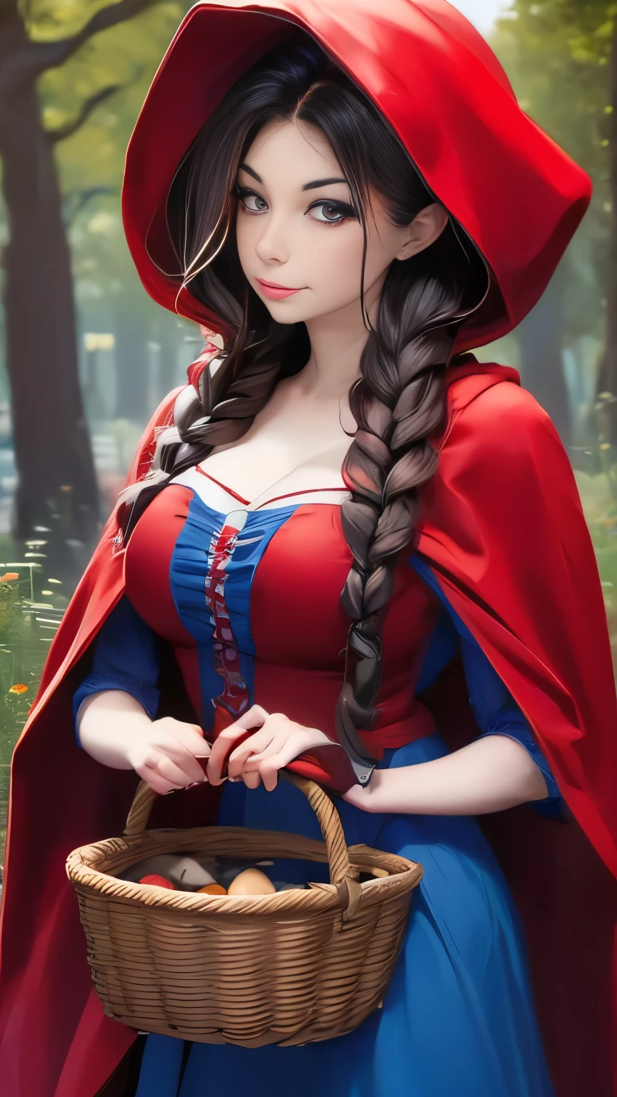 arafed woman in red riding hood and red hat holding a basket of mushrooms, dressed in a beautiful red cloak, red riding hood, little red riding hood, by Alexey Venetsianov, by andrey ryabovichev, by Alexey Merinov, by Igor Grabar, photography alexey gurylev