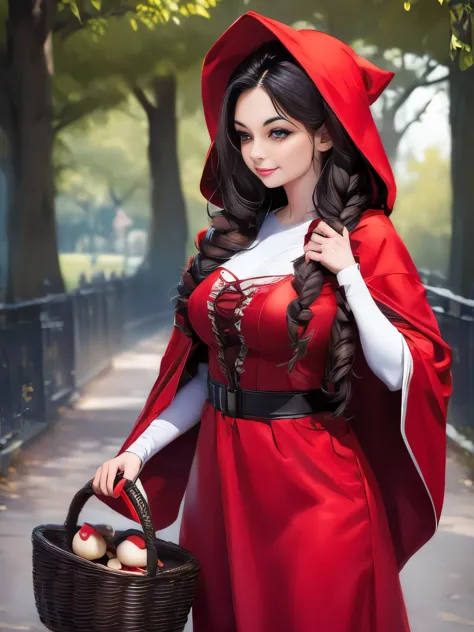 arafed woman in red riding hood and red hat holding a basket of mushrooms, dressed in a beautiful red cloak, red riding hood, li...