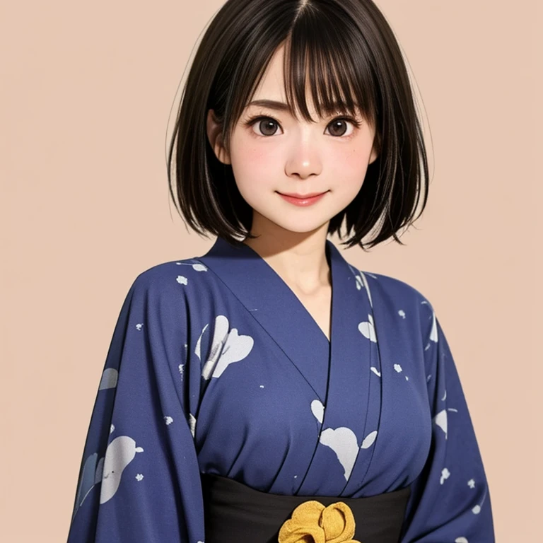 (kawaii 24 year-old Japanese girl, Nogizaka idol, Korean idol), glossy brown hair, (very short hair:1.2), beautiful black eyes, rounded face, narrow shoulders, single eyelid, (no makeup:1.2), (shy, smile, noseblush:1.3), (yukata, Japanese traditional clothes), extra small breasts, BREAK, (simple white background:1.2), (view from forward, bust shot, id photo:1.2), BREAK, (masterpiece, best quality, photo realistic, official art:1.4), (UHD, 8K quality wallpaper, high resolution, raw photo, golden ratio:1.3), (shiny skin), professional lighting, physically based rendering, award winning, (highly detailed skin texture, extremely detailed face and eyes textures), Carl Zeiss 85 mm F/1.4, depth of field, (1girl, solo),