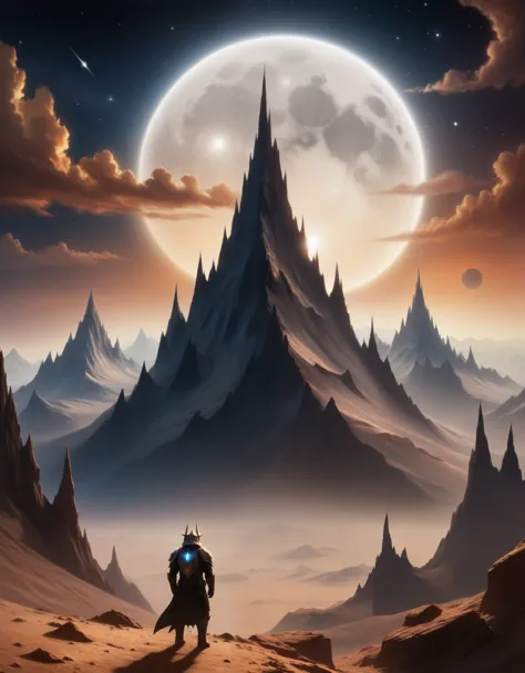 A surreal moonscape, where jagged peaks rise from a barren expanse of dust, and strange, otherworldly creatures prowl beneath a ...