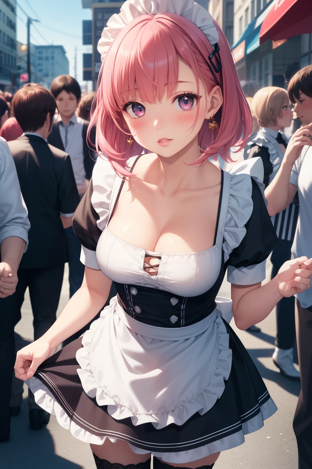 1girl, natural lighting, masterpiece, highly detailed, illustration, game CG, absurdres, high quality, aichan, large breasts, beautiful detailed eyes, medium bright pink hair, bangs, glossy lips, lips parted, blush, maid, short puffy sleeves, small maid apron, thigh highs, collarbone, cleavage, city street, (crowd)