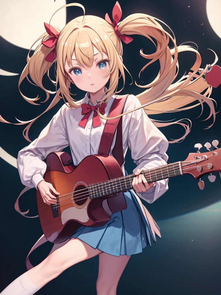 Long blonde hair anime girl wearing  playing guitar、(Tabletop), highest quality, High resolution, 4K, One Girl, alone, Nice hands, 1 in, Side Ponytail, Long Hair, Ahoge, White shirt, , Blue Skirt, Long sleeve, Red Bow, White socks, Playing the electric bass