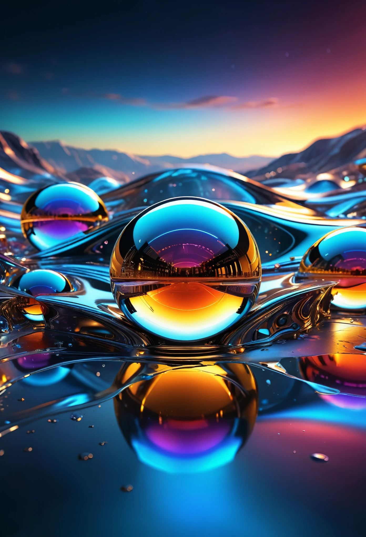 liquid metal flowing with glossy reflections, futuristic sci-fi vibes, rich in details, high resolution, ultra-detailed, sharp focus, HDR, studio lighting, physcially-based rendering, vivid colors, bokeh