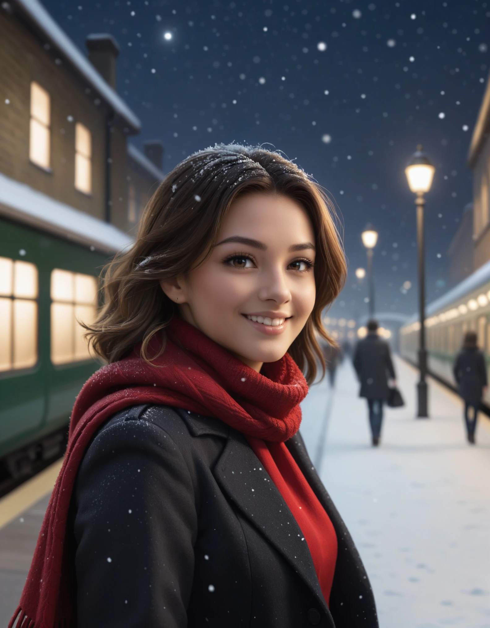 red scarf, detective cloak, standing, smile, waving at viewer (three-quarter portrait:1.3), three-quarter view, close-up, BREAK, london train station, night,  glowing, plant, snowing, detailed detailed background, depth of field, ambient silhouette, backlighting, masterpiece, best quality, light, 4k, 2k, (high detail:1.25), shaded, photography