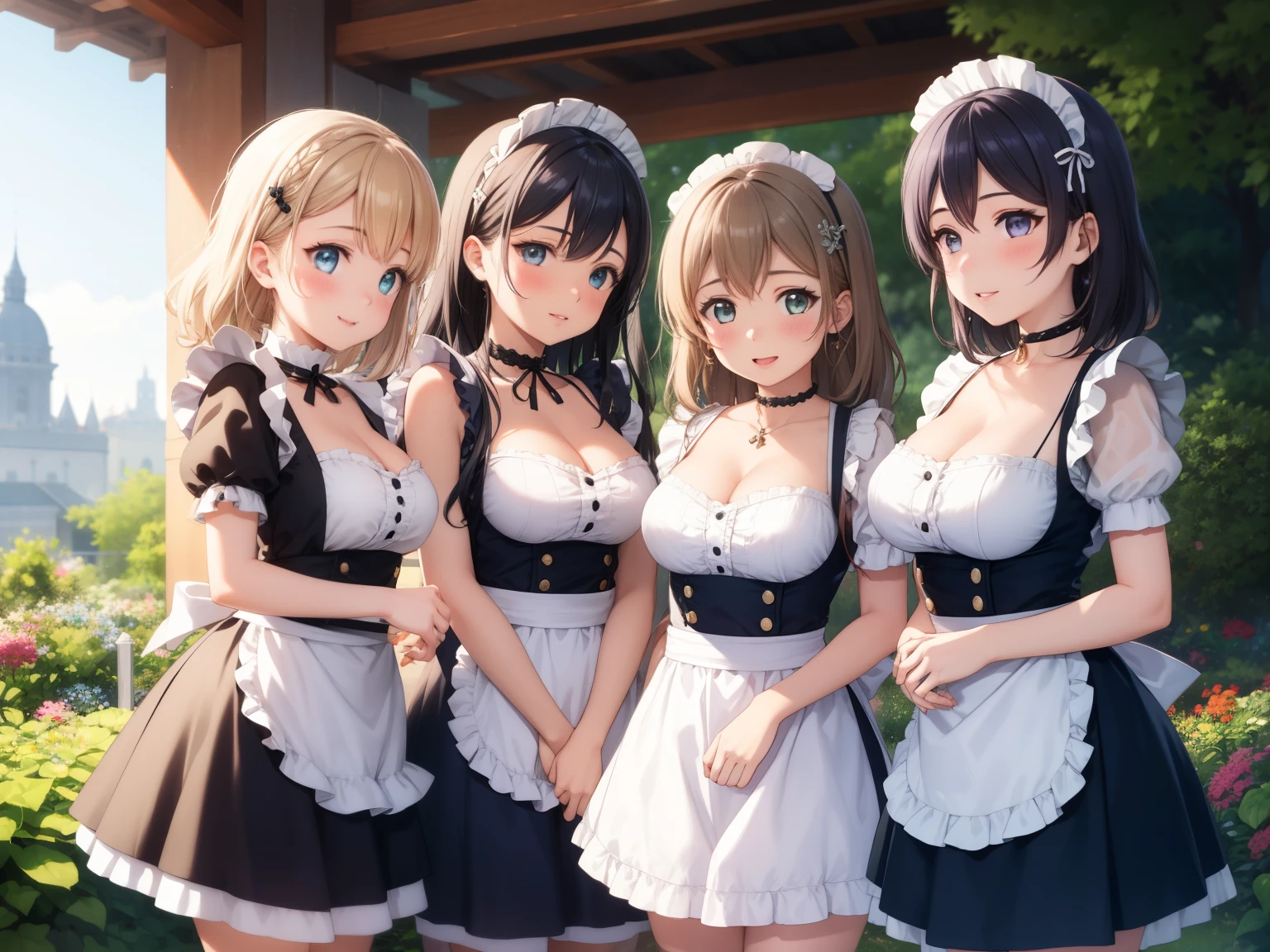 4 meninas, (várias garotas), iluminação natural, obra de arte, Altamente detalhado, ilustração, jogo cg, absurdos, alta qualidade, Aichan, nozomi sempre, ídolo catalisador, seios grandes, lindos olhos detalhados, franja, Lábios brilhantes, sorriso leve, corar, jardim, empregada doméstica, mangas curtas bufantes, small empregada doméstica apron, meias altas, clavícula, gargantilha, decote, 