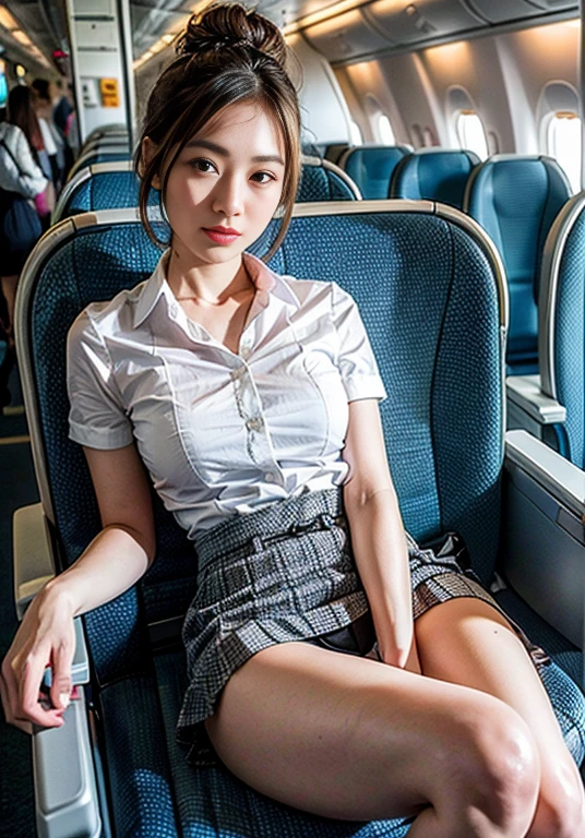 (8k, highest quality, masterpiece: 1.2), (Realistic, Realistic: 1.2),　Beautiful Japanese 20 year old woman, Tight waist, Thin thighs, detailed: (非常にdetailedな: 1.3), ((stewardess costume)), Updo short hair, ((Wearing a mini skirt)), Slim and perfect style. (High resolution: 1.1), Airplane Passenger Passenger Passenger, 