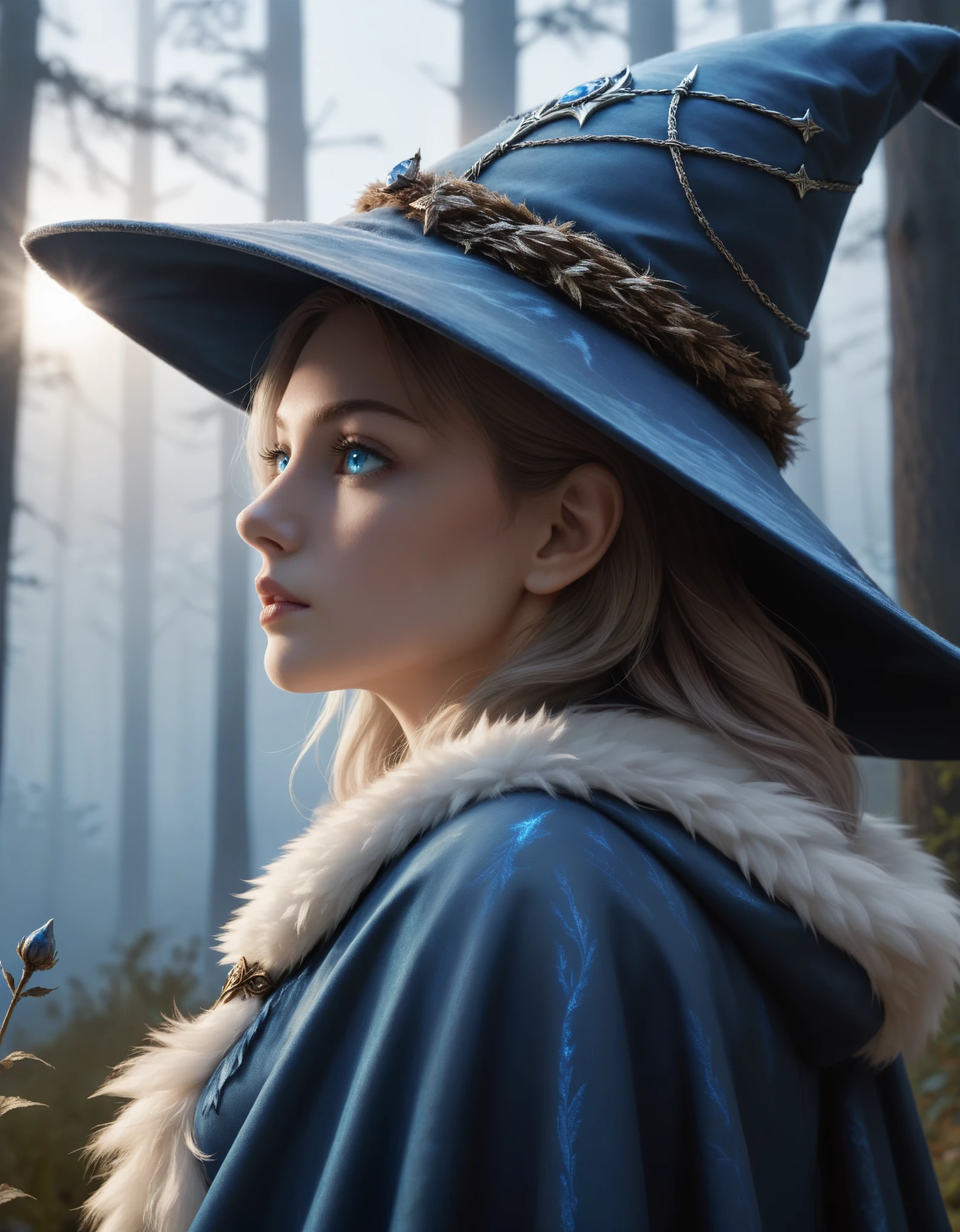 elden ring, feral (ranni the witch:1.3), (sky blue eyes), white skin, (fur cloak, wizard hat:1.25), looking at viewer, (side view, bust portrait:1.25), BREAK, night, dark, forest, foggy, steam, blue crystal, cemetery, willow wisp, flower, foreground, ambient silhouette, backlighting, detailed background, depth of field, masterpiece, best quality, light, 4k, 2k, (high detail:1.25), shaded, photography