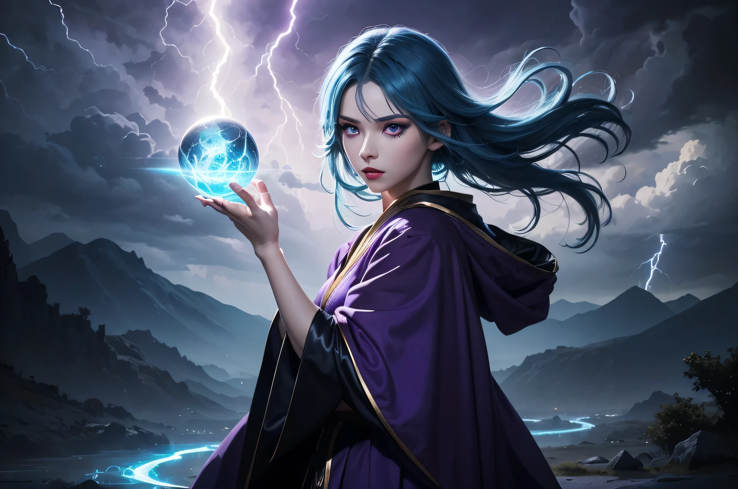 In the midle of lighning storm stand a goddes of storms, She have lonf blue hair with purple highlight line on her hair, her eyes is blue, also she have beautiful red lips and blue eye shadows, she dressed in gorgeous purple robe with white parts,she have magic sybles on her arms and body that glow with purple and blue light,  she casting a lighning spell that call lighning from the sky, (ultra high quality fantasy art, dark fantasy style, masterpiece, ultra high quality character design, 8k quality anime art, realistic anime art, top quality wallpaper illustration, detailed ultra high quality accurate face, high quality design and accurate physic)