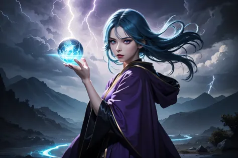 In the midle of lighning storm stand a goddes of storms, She have lonf blue hair with purple highlight line on her hair, her eye...