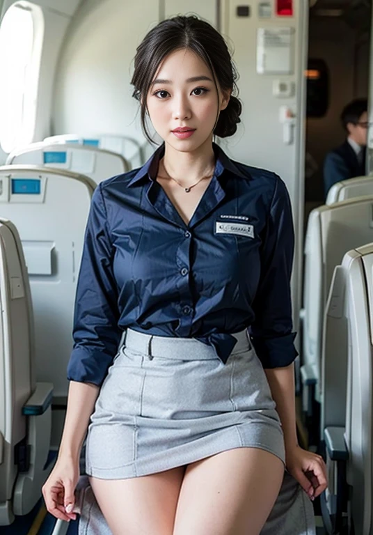 (8千, 最好的质量, 杰作: 1.2), (实际的, 实际的: 1.2),　美丽的日本 20 岁女人, 紧腰, 瘦大腿, 详细的: (非常に详细的な: 1.3), ((海军蓝色空姐服装)), 短发盘发, ((穿着迷你裙)), 修身完美风格. (高分辨率: 1.1), 飞机 乘客 乘客 乘客, 纤细的大腿, 完美美麗, 