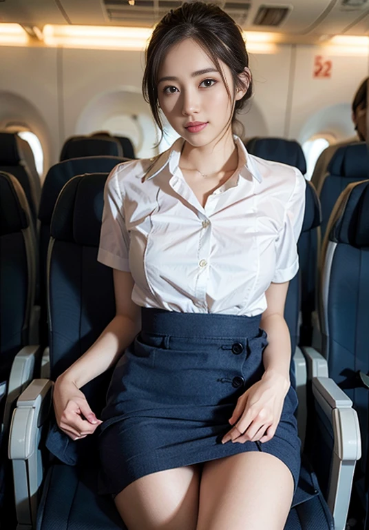 (8k, höchste Qualität, Meisterwerk: 1.2), (Realistisch, Realistisch: 1.2),　Schöne 20-jährige Japanerin, enge Taille, dünne Oberschenkel, ausführlich: (非常にausführlichな: 1.3), ((Marineblaues Stewardess Kostüm)), Hochsteckfrisur kurze Haare, ((Einen Minirock tragen)), Schlanker und perfekter Stil. (hohe Auflösung: 1.1), Airplane Passenger Passenger Passenger, Schlanke Oberschenkel, Perfekte Schönheit, 