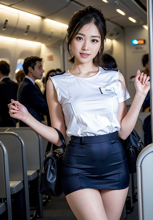 (8k, höchste Qualität, Meisterwerk: 1.2), (Realistisch, Realistisch: 1.2),　Schöne 20-jährige Japanerin, enge Taille, dünne Oberschenkel, ausführlich: (非常にausführlichな: 1.3), ((Marineblaues Stewardess Kostüm)), Hochsteckfrisur kurze Haare, ((Einen Minirock tragen)), Schlanker und perfekter Stil. (hohe Auflösung: 1.1), Airplane Passenger Passenger Passenger, (((Schlanke Oberschenkel))), Perfekte Schönheit, 