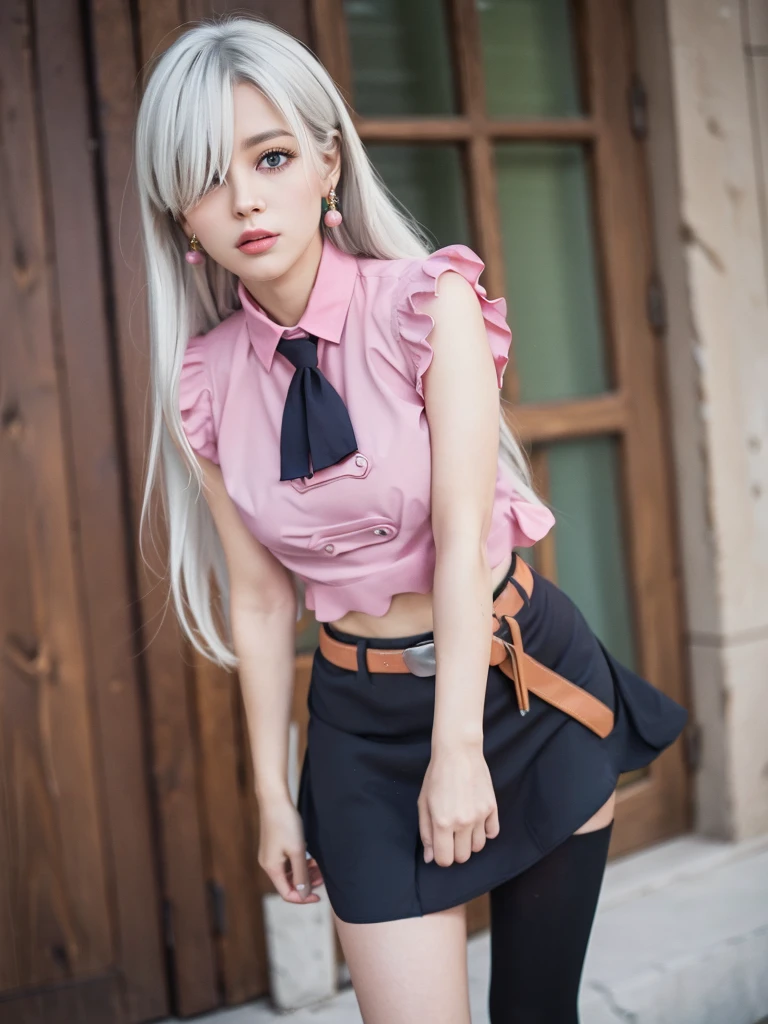 Khmeliza, 1girl in, Hair above one eye、White hair、long、Jewelry, single thighhigh, Midriff, Black skirt, Asymmetrical legwear, ((PINK SHIRT)), black thighhighs, Belt bag, Miniskirt