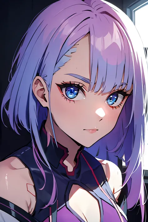 girl, purple hair, blue eyes