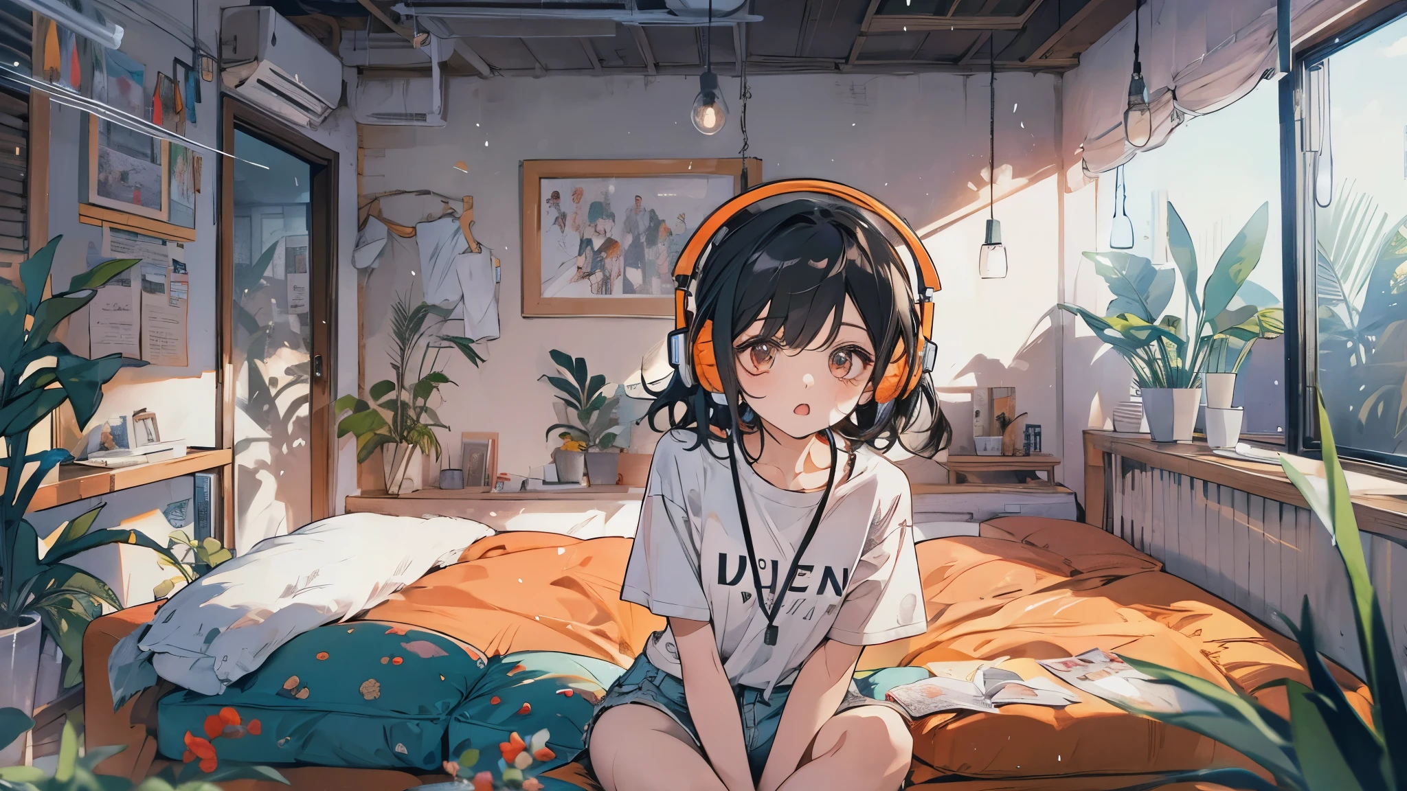 high resolution、One Girl、Wearing headphones、Fu shoulder shirt and hot pants、Inside a minimalist room、Fabric sofa、Vibrant colors、Vivid Color、Warm shades、Full body images、Black shorthair、