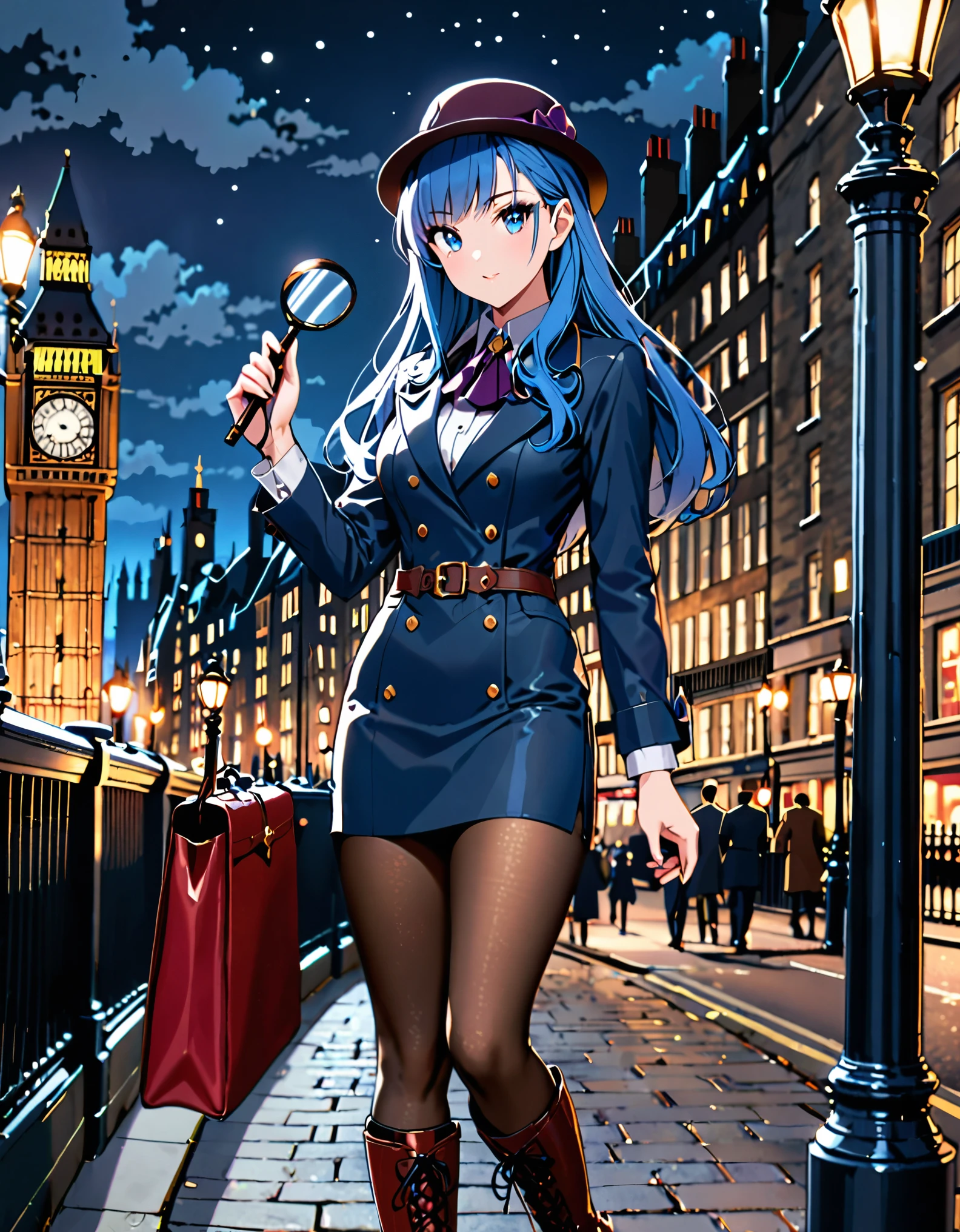((masterpiece)), ((high quality)), ((high res)), solo, solo focus,1girl, blue_hair, blue eyes, beautiful detailed eyes, long hair, bangs, boots, hat, knee_boots, pantyhose, pencil_skirt, skirt, solo, sherlock holmes cosplay, (holding magnifying glass), london backdrop, night