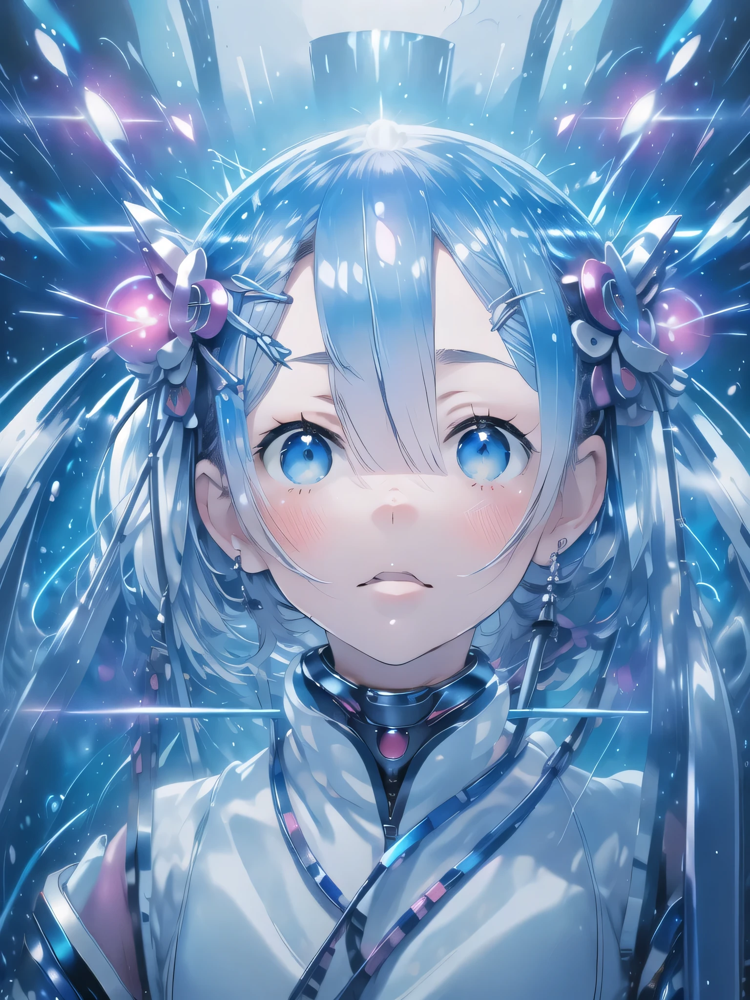 Glaring,Stardust、universe、1 girl(1:2)、Age 25、universe、masterpiece, highest quality, (delicate eyes and face), Volumetric Light, Ray Tracing, Very detailed CG Unity 8k wallpaper, , Hair above one eye, Light blue hair between the eyes、short hair、Light blue hair(1:2)、Looking at the audience, Seductive pose,Beautiful crystal eyes(1:1)、Show your eyes、grin and laugh、The art style resembles an attractive anime style. About image quality, priority (highest quality, 4K, 8k, High resolution, Bodyline 1.2), Very detailed, and (Realistic, Realistic, Realistic:1.37) ,Yoga poses.Ultra-fine painting, Sharp focus, Physically Based Rendering, Extremely detailed, Professional, Bright colors,、White shirt with a little sheer feel、Plump thighs、、phblue
scenery
blue theme