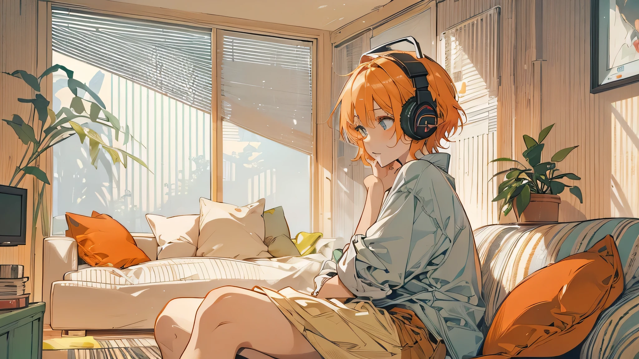 high resolution、One Girl、Wearing headphones、Fu shoulder shirt and hot pants、Inside a minimalist room、Fabric sofa、Vibrant colors、Vivid Color、Warm shades、Full body images、Orange short hair、