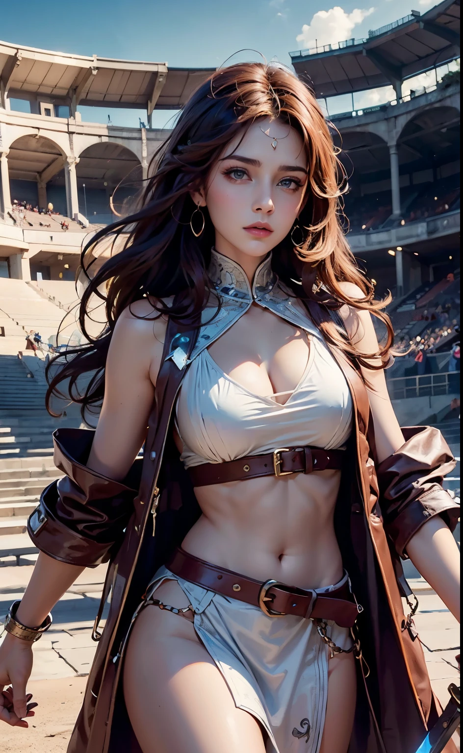 Ancient female gladiator, female gladiator, leopard skin long robe, amphitheater, arena, gladius sword, large shield, tunica, long brown hair, leather belt, leather vest, cloth loincloth, masterpiece, dynamic Pause