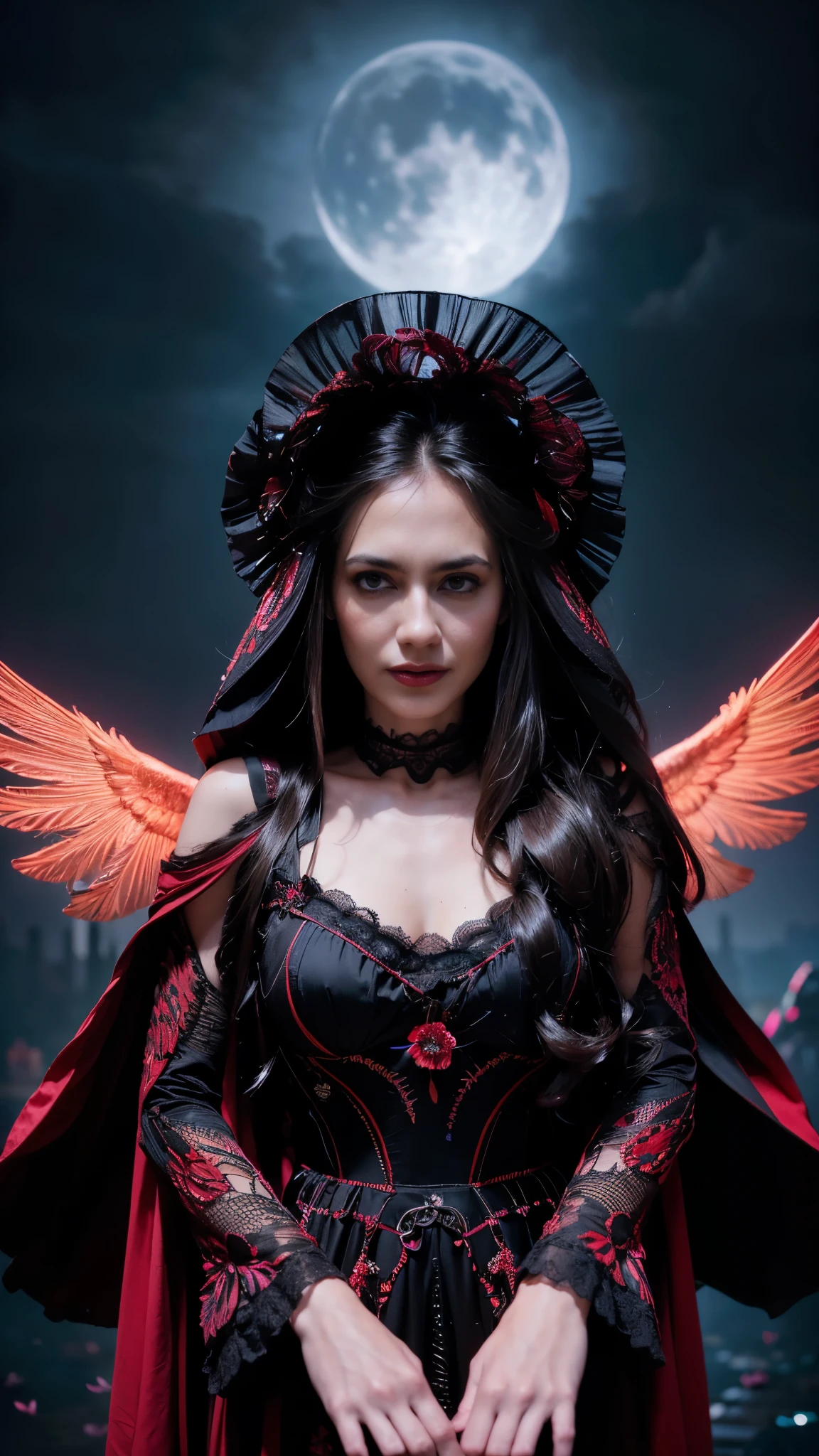  a sexy women, (colorful),(finely detailed beautiful eyes and detailed face),cinematic lighting,bust shot,extremely detailed CG unity 8k wallpaper,straight hair,solo,angry face,red lace nighgown dress,((flying petal)), sky, cloudy_sky, building, moonlight, night, (dark theme:1.3), light, fantasy, masterpiece, best quality,