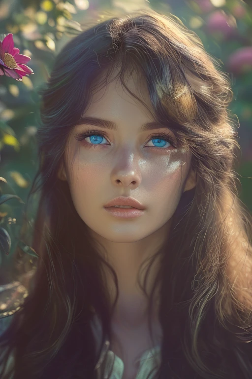 (best quality,4k,8k,highres,masterpiece:1.2),ultra-detailed,(realistic,photorealistic,photo-realistic:1.37),beautiful detailed eyes,beautiful detailed lips,extremely detailed blue eyes and face,longeyelashes,flowing hair,garden scenery,colorful flowers,butterflies flying,soft lighting,rich colors,medium: oil, high nose,  