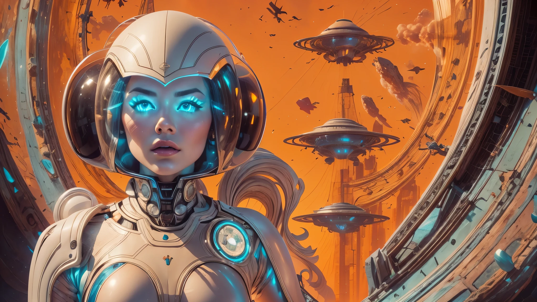 arafed image of a white woman in a futuristic suit with a spaceship in the background, movie art, in front of an orange background, inspired by Robert McGinnis, female protagonist, megastructure in the background, portrait of an ai astronaut, astronauts, an astronaut, portrait of a astronaut skeletor, perfect android girl, detailed eyes, perfectly detailed teeth, frank franzzeta and sakimichan  