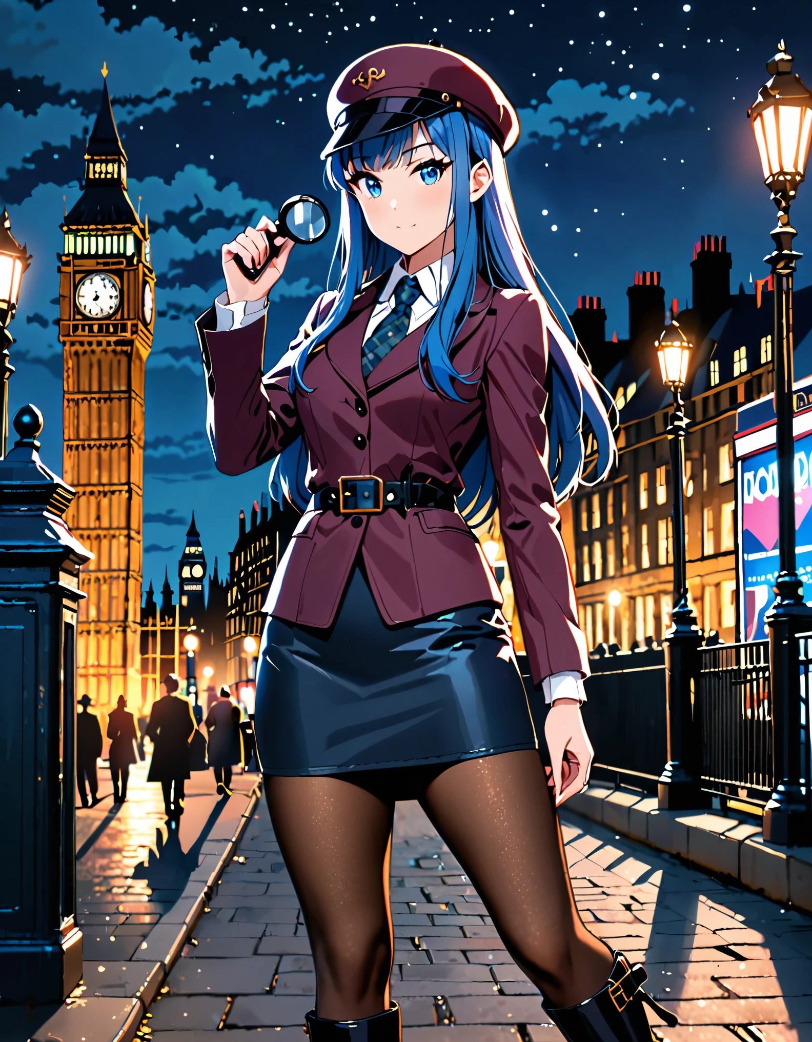 ((masterpiece)), ((high quality)), ((high res)), solo, solo focus, 1girl, blue_hair, blue eyes, beautiful detailed eyes, long hair, bangs, boots, hat, knee boots, pantyhose, pencil skirt, skirt, standing, solo, sherlock holmes cosplay, (perfect hands, holding magnifying glass), london backdrop, night