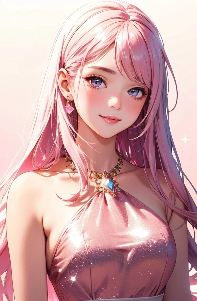 Best AI absurd, High resolution, Super detailed, (One beautiful girl:1.3), Cupid Tech, Troubled Smile, Pink morning mist, Ivory dress, Glitter, Minimalist Background, Warm texture