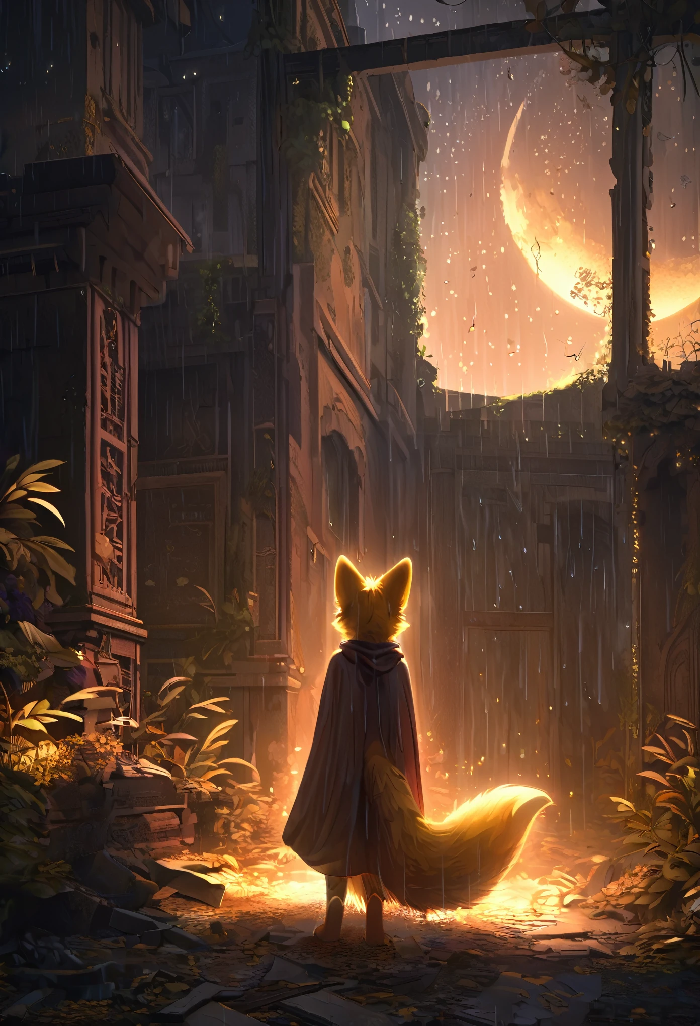 masterpiece, best quality, 4K，Ultra-delicate, Shota the fox, solo, Skin fur, Golden fur, Golden yellow face fur, Red eyes, Brown elements on fur, Brown coat brown hood up, Beautiful lights and shadows, Ambient light, Ultra-fine fur, natural  lighting, Fluffy tail, Dilapidated building, Plant elements in ruins, Night, starry sky, Shiny hair(moon full, meteors)Star cloud, Warm light source, Rained, wet clothes(overcast sky, Standing downpour)Extra-long sleeves, Purple and orange, Complicated details, Volumetric lighting, Dynamic configuration, luminous lighting, Atmospheric lighting, dream magical, magic, Glowing light,