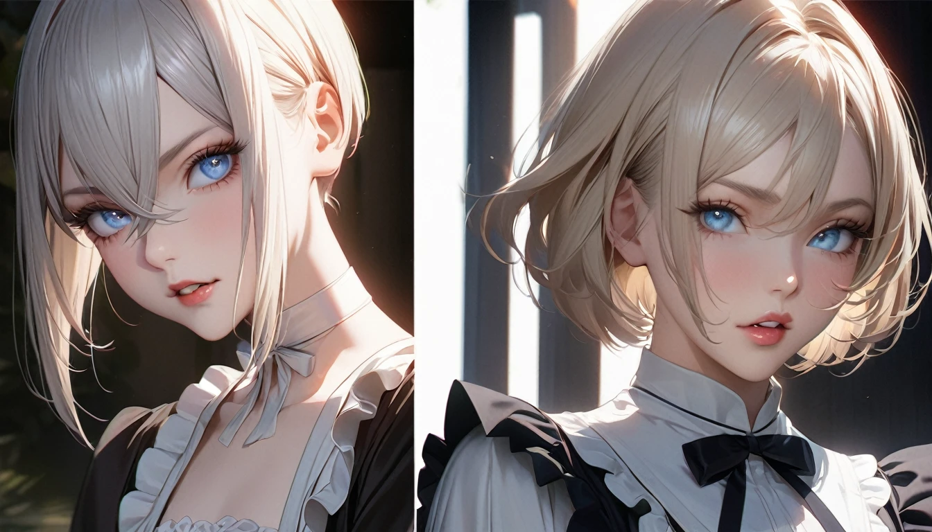 ((SFW、Masseter muscle area、highest quality、Tabletop、highest quality、highest level、Best image quality、1 girl, soro、Very beautiful woman、Platinum Blonde Hair、Bright pale blue eyes、Strong eye highlights、Perfect Anatomy、Dynamic Lighting、Lip gloss))、(RAW Photos:1.2)、(Photorealistic:1.4)、A beautiful face with perfect symmetry、Beautiful detailed woman、Very detailed目と顔、Beautiful detailed eyes and beautiful teeth、Beautiful teeth alignment、Ultra-detailed、Very detailed、Light on the face、short hair、Crossed bangs、Asymmetrical bangs、Short Bob Cut、Long neck、Listen carefully、Eyelashes、cute、Very large breastaid Details:1.2))、Navy maid uniform、Shadow Fade、Shadow Fade:0.9、A little natural light coming in from the front、There&#39;s a little natural light coming in from both sides.