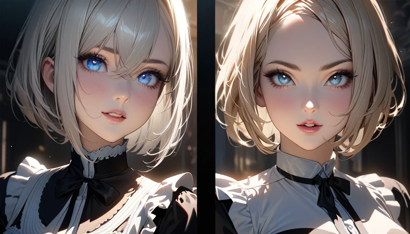 ((SFW、Masseter muscle area、highest quality、Tabletop、highest quality、highest level、Best image quality、1 girl, soro、Very beautiful woman、Platinum Blonde Hair、Bright pale blue eyes、Strong eye highlights、Perfect Anatomy、Dynamic Lighting、Lip gloss))、(RAW Photos:1.2)、(Photorealistic:1.4)、A beautiful face with perfect symmetry、Beautiful detailed woman、Very detailed目と顔、Beautiful detailed eyes and beautiful teeth、Beautiful teeth alignment、Ultra-detailed、Very detailed、Light on the face、short hair、Crossed bangs、Asymmetrical bangs、Short Bob Cut、Long neck、Listen carefully、Eyelashes、cute、Very large breastaid Details:1.2))、Navy maid uniform、Shadow Fade、Shadow Fade:0.9、A little natural light coming in from the front、There&#39;s a little natural light coming in from both sides.